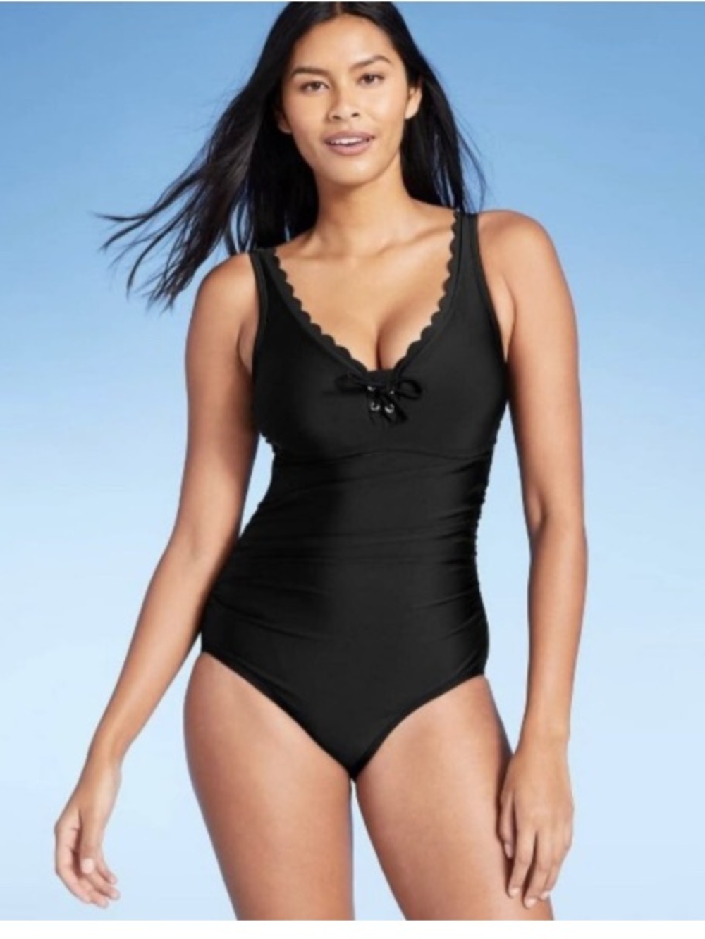 Kona Sol Black Scalloped V-Neck One-Piece Swimsuit with Front Tie